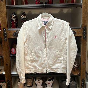 White Ralph Lauren cotton zip up bomber jacket, pink stripe lined